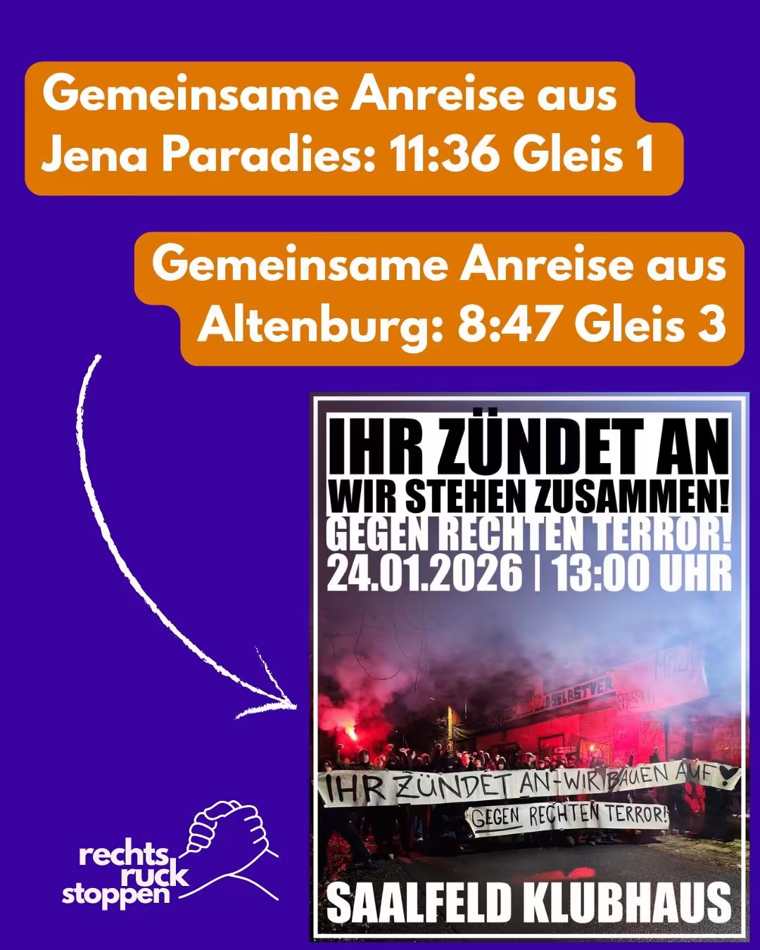 Gemeinsame Anreise zur Demo nach Saalfeld „Ihr zündet an – wir stehen zusammen! – Gegen rechten Terror!“